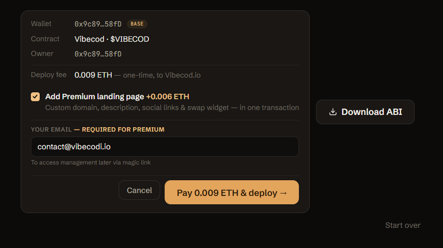 Confirm screen — Deploy + Premium bundle checked (0.009 ETH)