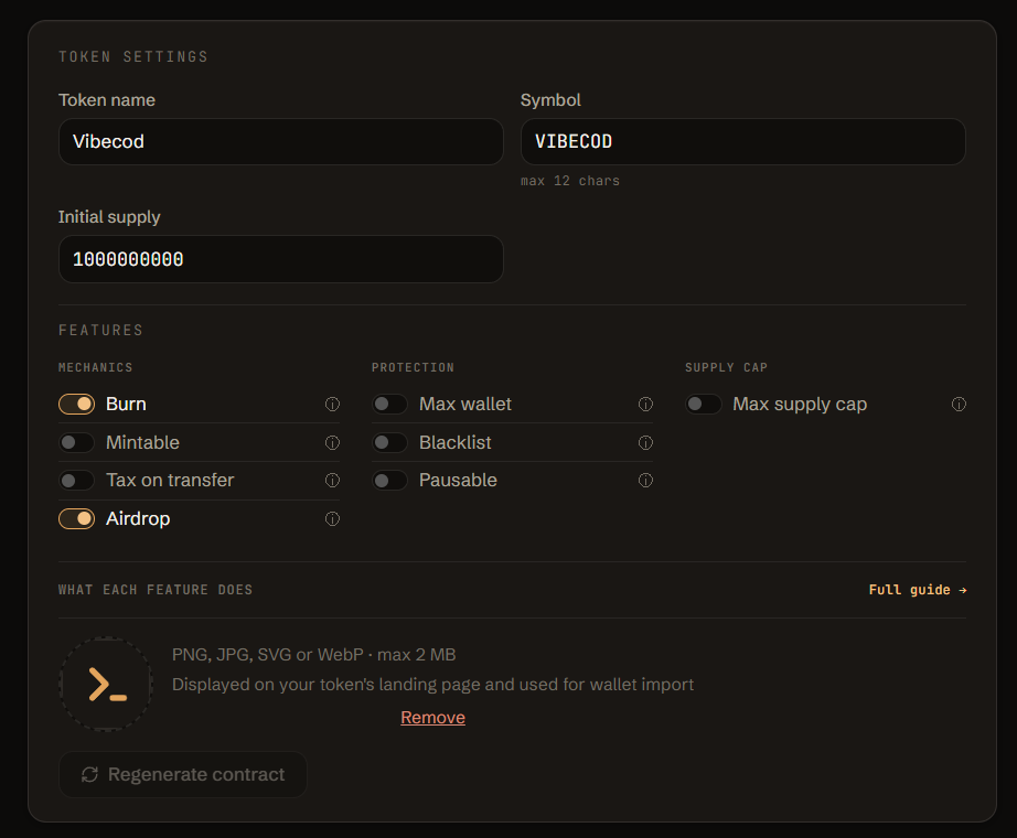 Contract review page — token settings, features and deploy button