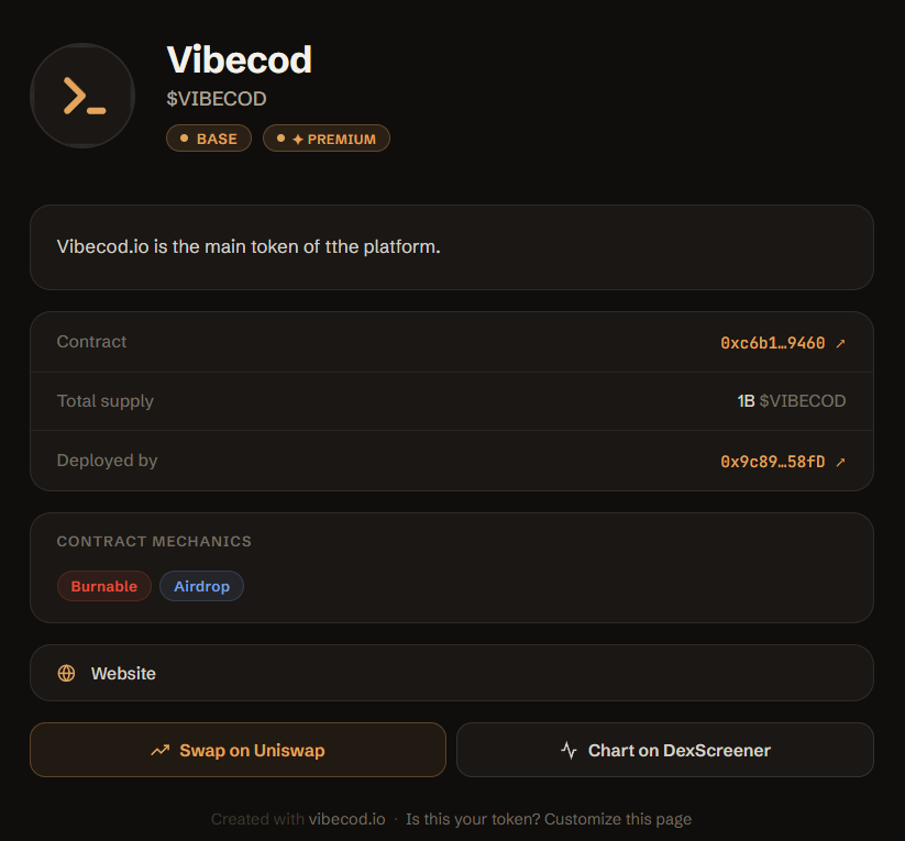 Premium landing page — description, social links, Uniswap swap and DexScreener